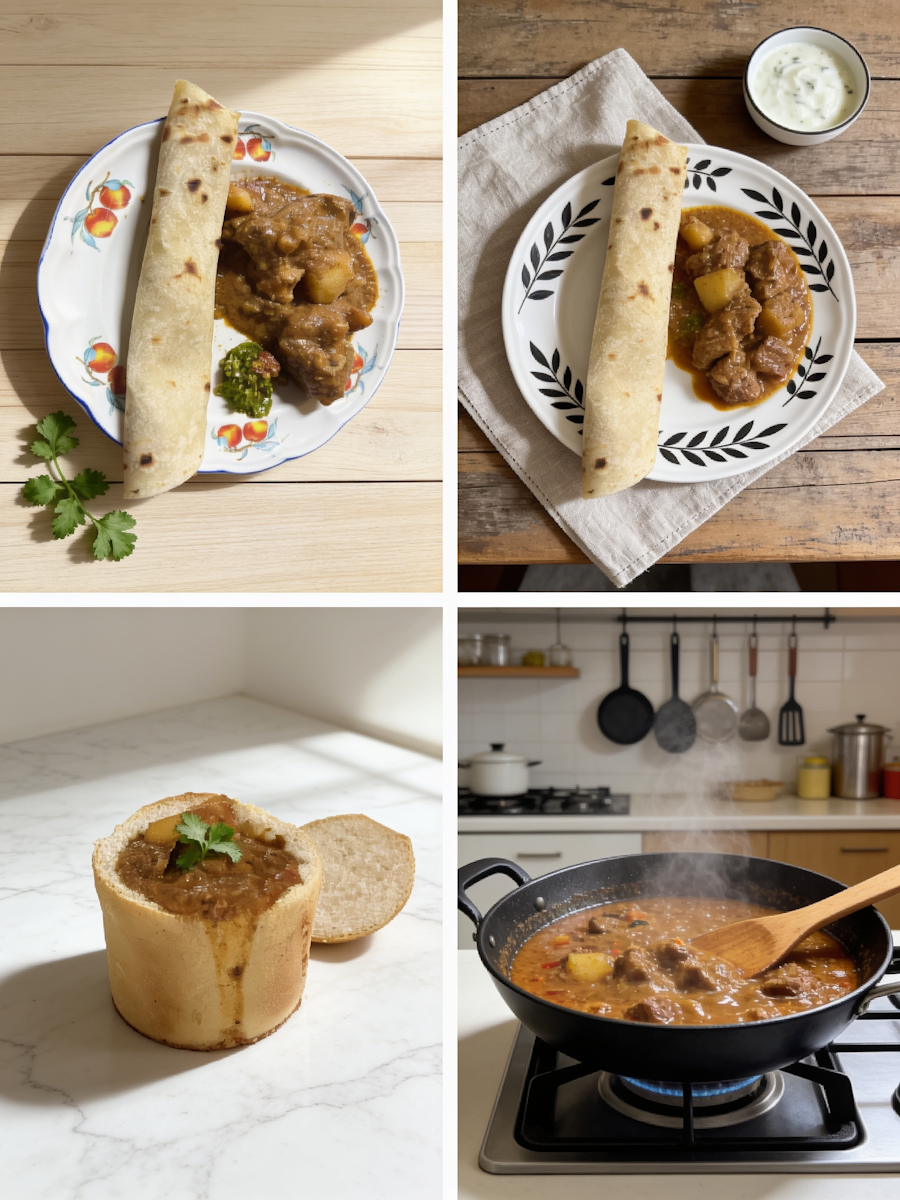 Mutton curry with roti, plated