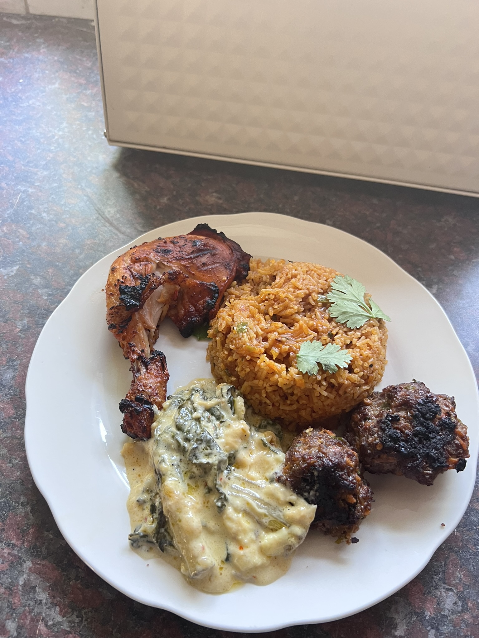 Sunday Spread - Roast Chicken, Frikadelle, Spicy Rice and Creamy Spinach